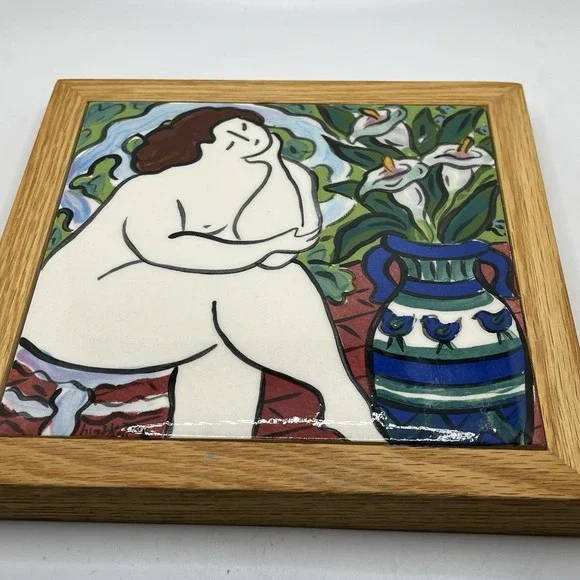 Carol Keiser 6" Hand Painted Nude Woman Sitting Ceramic Tile Oak Framed Trivet - Picture 3 of 6